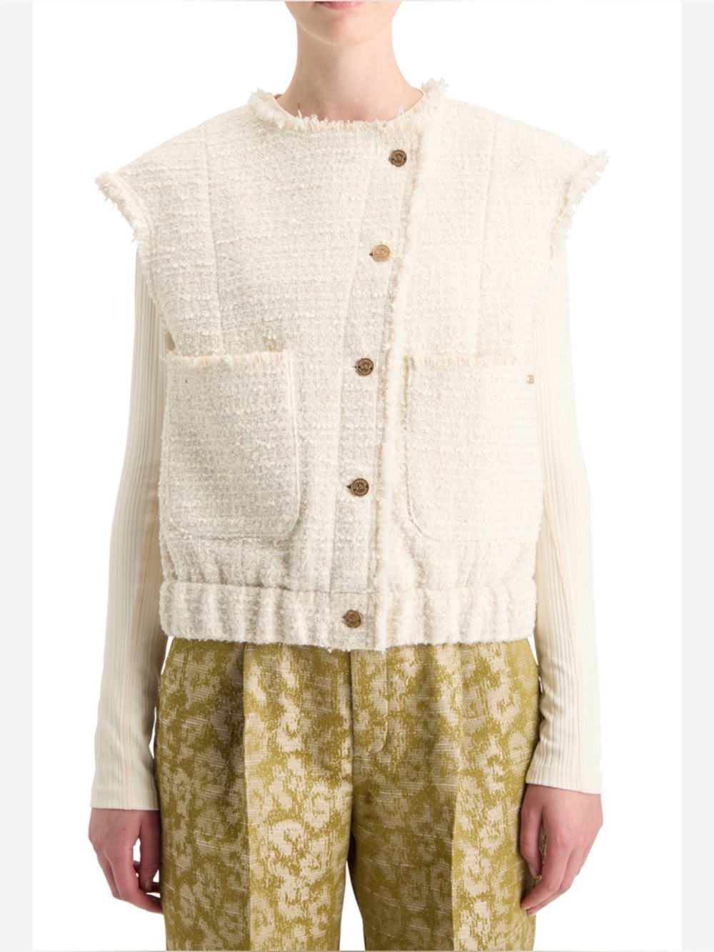 Scotch & Soda Boucle Tweed Collarless Cropped Vest Gilet Soft Ice Melange Large